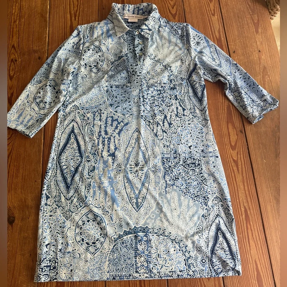 Gretchen Scott blue Paisley three-quarter length sleeve shirt dress - Picture 1 of 6